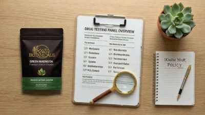 A bag of Kats Botanicals Green Maeng Da kratom powder next to a clipboard with a drug testing panel overview, a magnifying glass, and a notepad with the handwritten text KNOW YOUR POLICY.