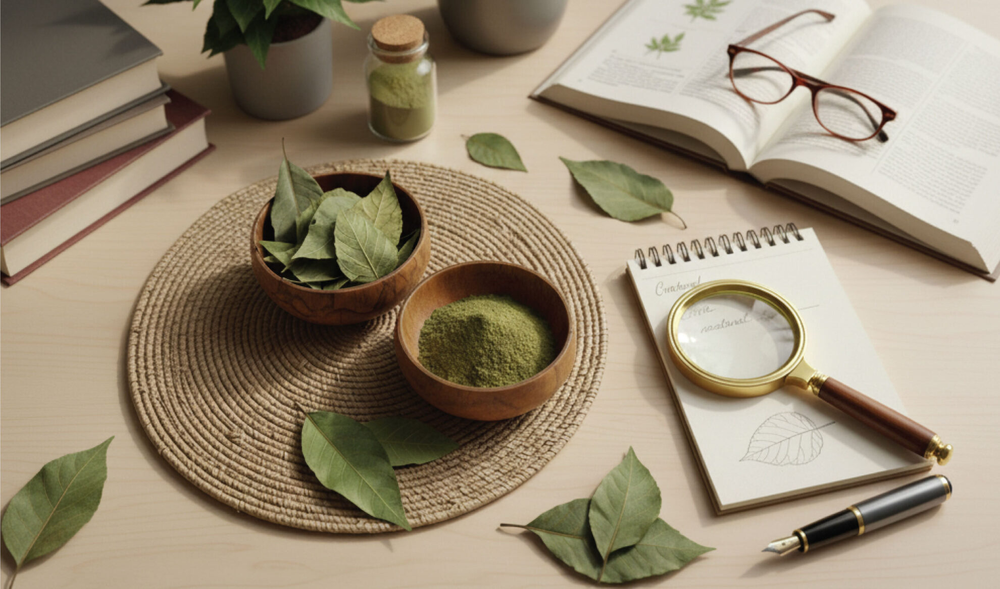 A desk with bowls of green leaves and powder, scattered leaves, an open notebook with a leaf sketch, a magnifying glass, books, glasses, and a small jar, all arranged on a light wooden surface.