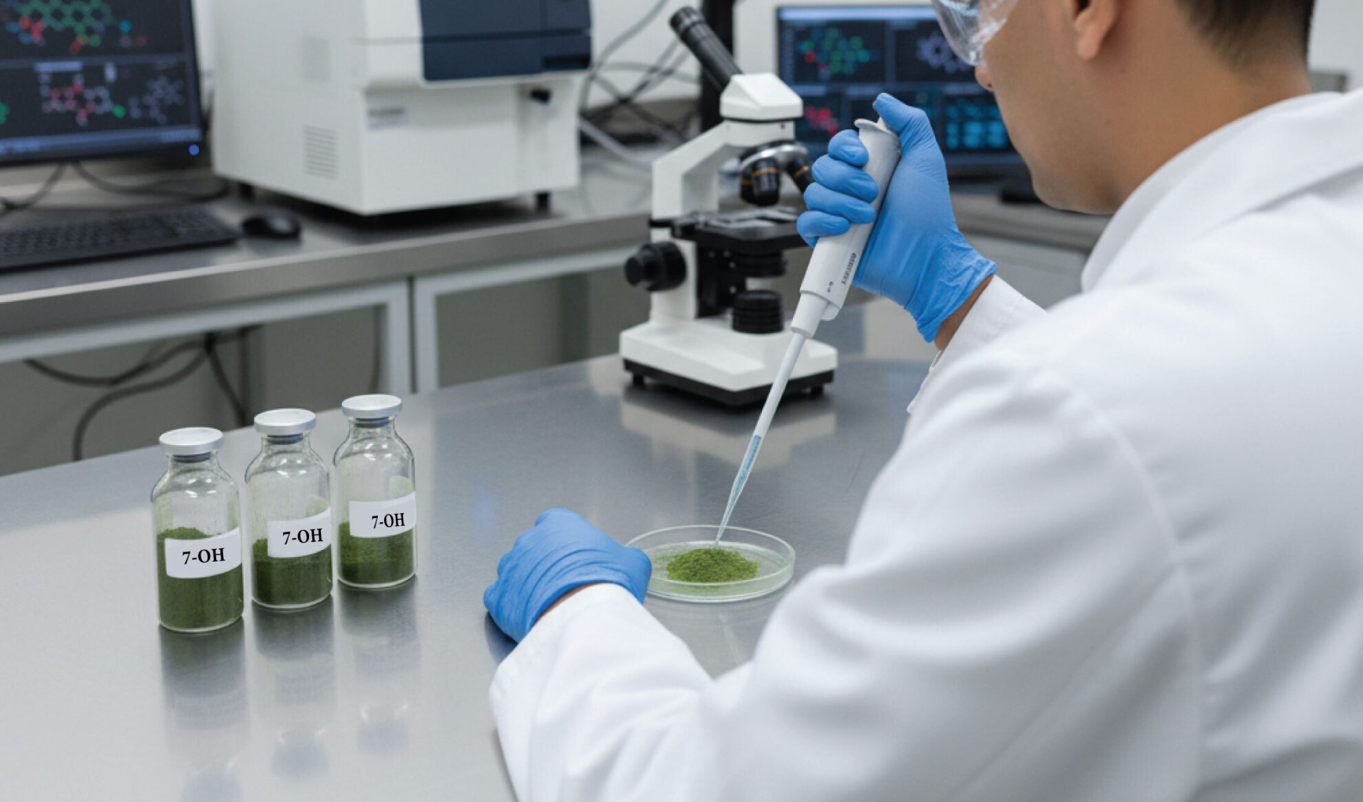 A scientist in a lab coat and gloves uses a pipette to transfer liquid onto a petri dish with green powder. Three jars labeled 7-OH and a microscope are on the stainless steel table.