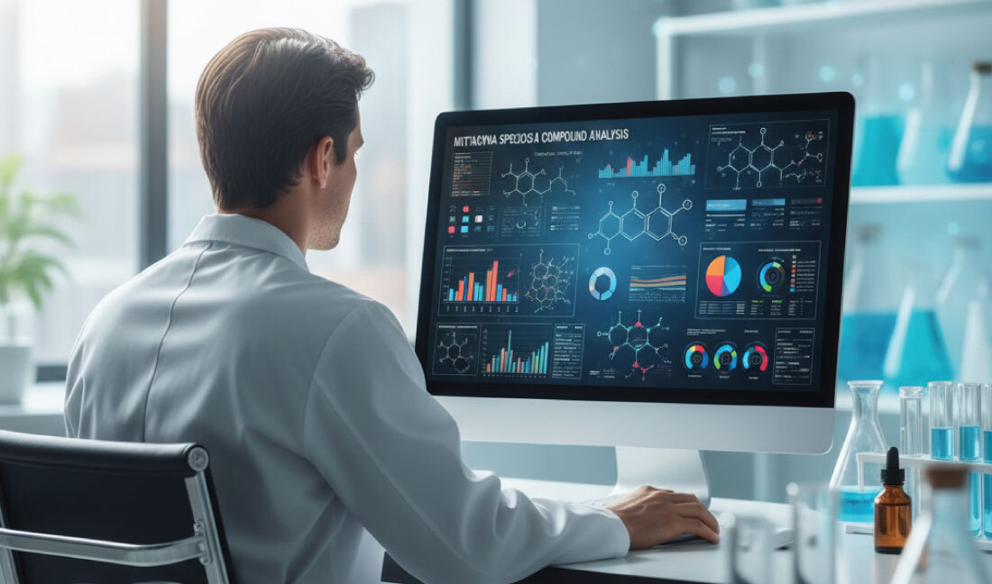 A scientist in a lab coat sits at a desk, analyzing complex charts, graphs, and molecular structures displayed on a large computer monitor; lab glassware is visible in the background.