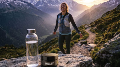 A smiling woman in hiking gear stands on a mountain trail at sunset. In the foreground, a bottle of water and a container labeled Shilajit sit on a rock with scenic mountains in the background.