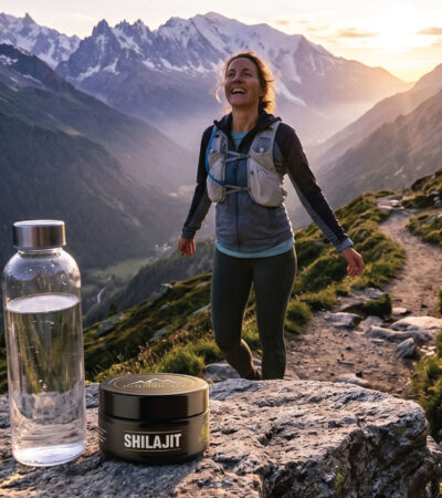 A smiling woman in hiking gear stands on a mountain trail at sunset. In the foreground, a bottle of water and a container labeled Shilajit sit on a rock with scenic mountains in the background.