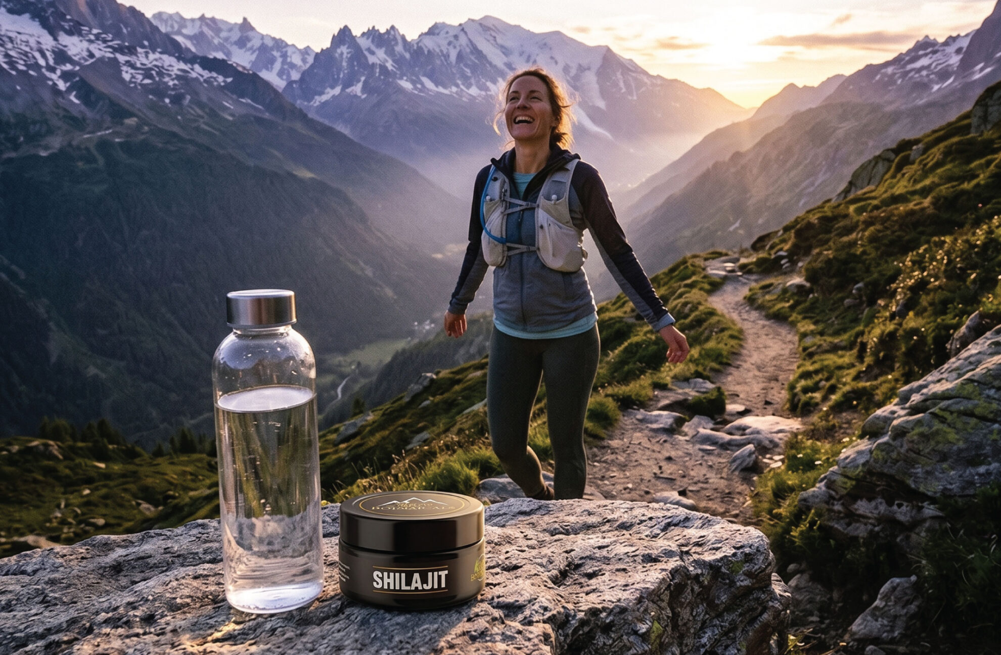 A smiling woman in hiking gear stands on a mountain trail at sunset. In the foreground, a bottle of water and a container labeled Shilajit sit on a rock with scenic mountains in the background.