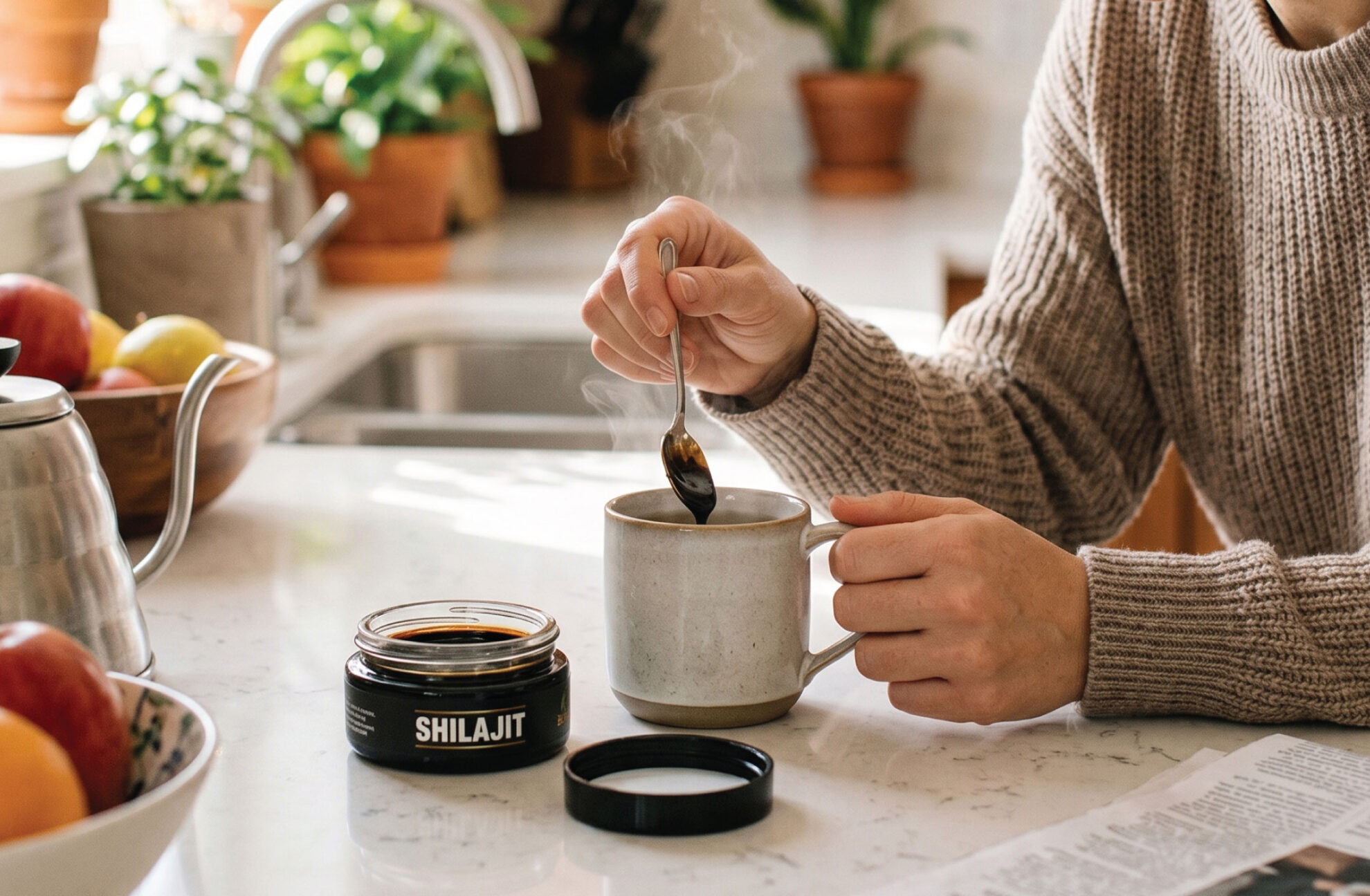 A person in a sweater stirs a spoonful of shilajit into a steaming mug on a kitchen counter, with a jar labeled SHILAJIT nearby and plants in the background.