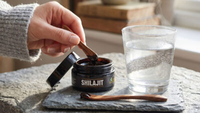 A hand scoops dark shilajit resin from a small jar labeled SHILAJIT with a wooden spoon, next to a steaming glass of water, both on a stone surface.