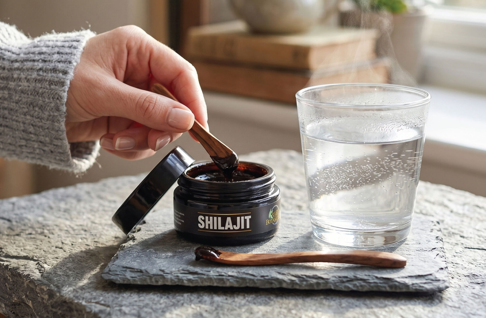 A hand scoops dark shilajit resin from a small jar labeled SHILAJIT with a wooden spoon, next to a steaming glass of water, both on a stone surface.