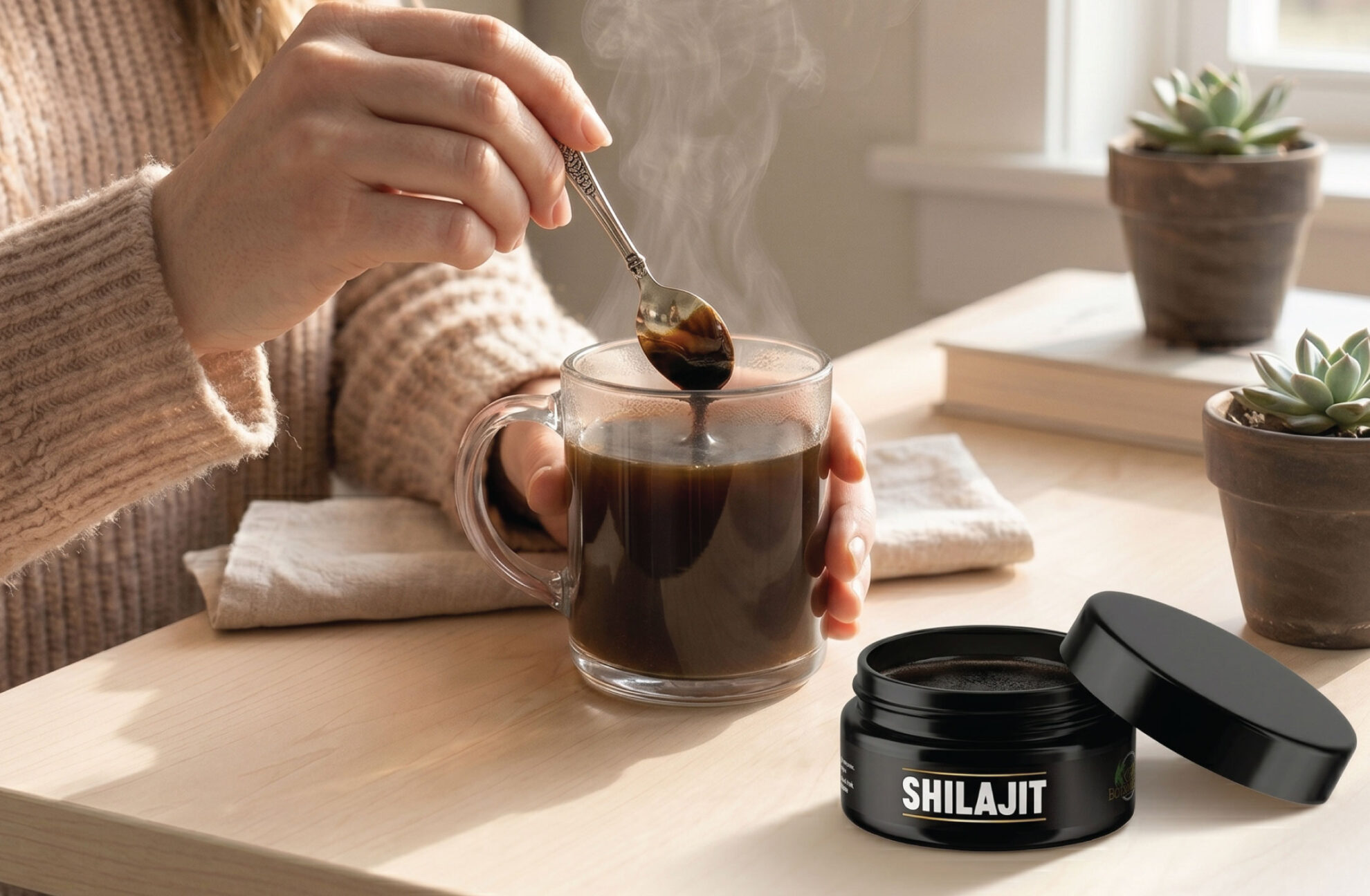  A person stirs a mug of dark liquid at a table with a jar labeled “Shilajit” nearby; two small potted succulents and a book are also on the light wooden table.