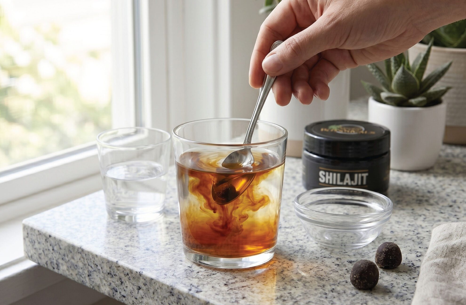 A hand stirs a glass of dark liquid with a spoon on a countertop. Nearby are a glass of water, a small bowl, two dark balls, a container labeled “Shilajit,” and a potted plant by a window.