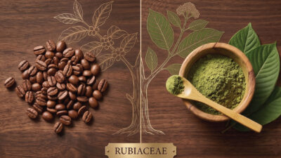 Coffee beans on the left and a bowl of green powder with a spoon on the right, placed on a wooden surface with botanical illustrations and labeled Rubiaceae.