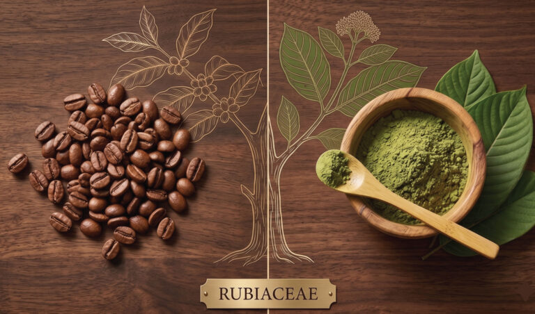 Coffee beans on the left and a bowl of green powder with a spoon on the right, placed on a wooden surface with botanical illustrations and labeled Rubiaceae.