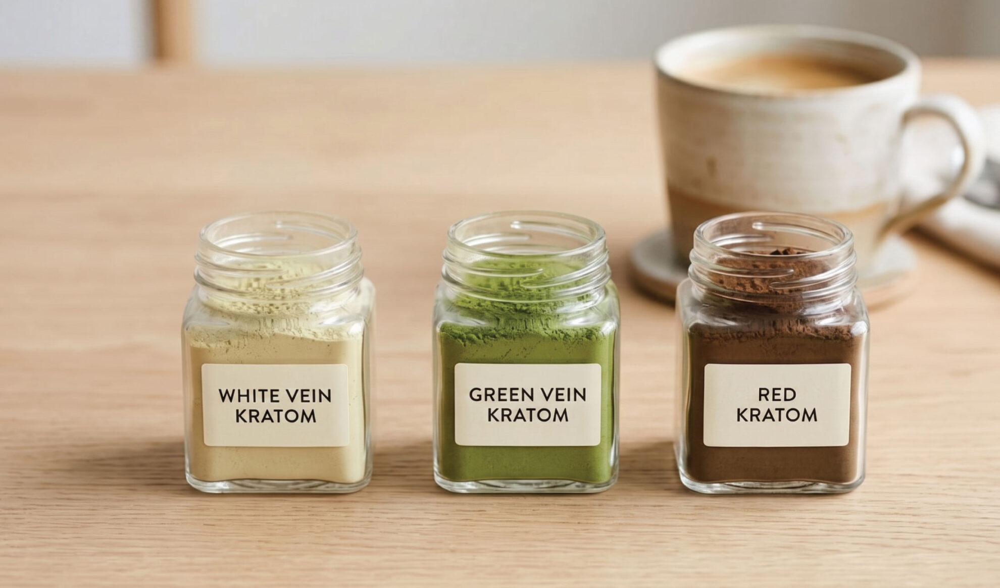  Three glass jars labeled White Vein Kratom, Green Vein Kratom, and Red Kratom filled with powders of corresponding colors are on a wooden table, with a coffee cup and saucer in the background.