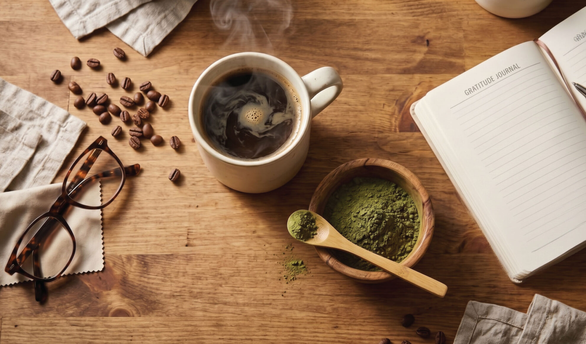 A steaming cup of coffee sits on a wooden table alongside scattered coffee beans, eyeglasses, a bowl of matcha powder with a spoon, and an open gratitude journal.