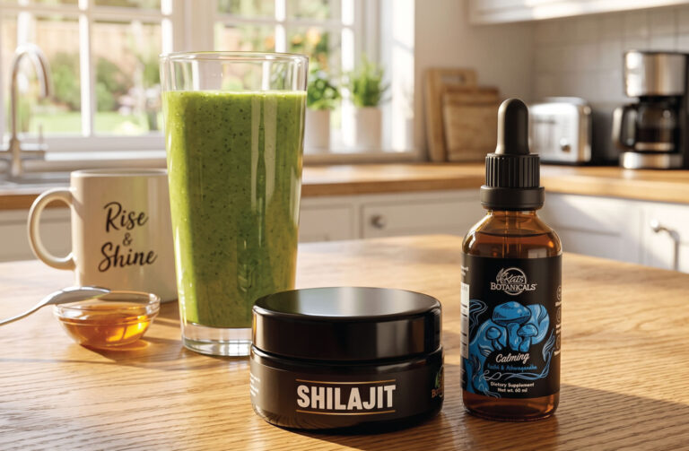 A kitchen table displays a glass of green smoothie, a mug labeled “Rise & Shine,” a dish of honey with a spoon, a black Shilajit jar, and a dropper bottle labeled “Calming” from Vigor’s Botanicals.