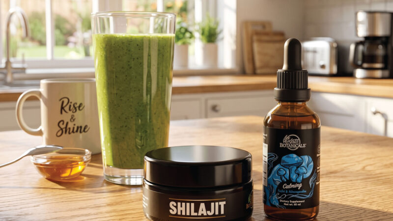 A kitchen table displays a glass of green smoothie, a mug labeled “Rise & Shine,” a dish of honey with a spoon, a black Shilajit jar, and a dropper bottle labeled “Calming” from Vigor’s Botanicals.