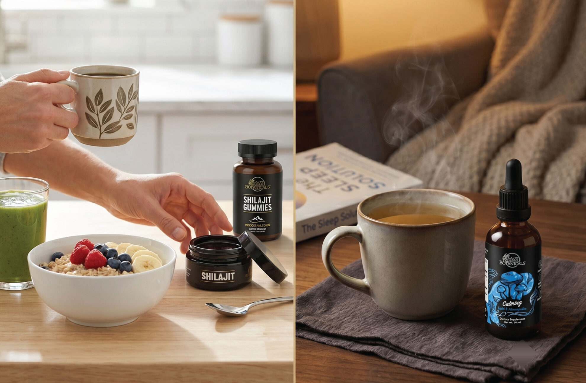  A breakfast scene with a bowl of oatmeal and berries, a green smoothie, and Shilajit supplements on the left; on the right, a steaming mug, a dropper bottle, and a book on sleep rest on a table with a gray cloth.