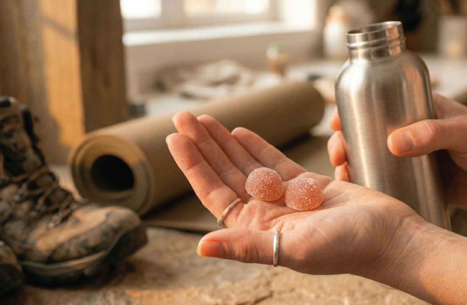  A person holds two round, sugar-coated gummies in one hand and a metal bottle in the other, with hiking gear and a rolled-up mat in the background.
