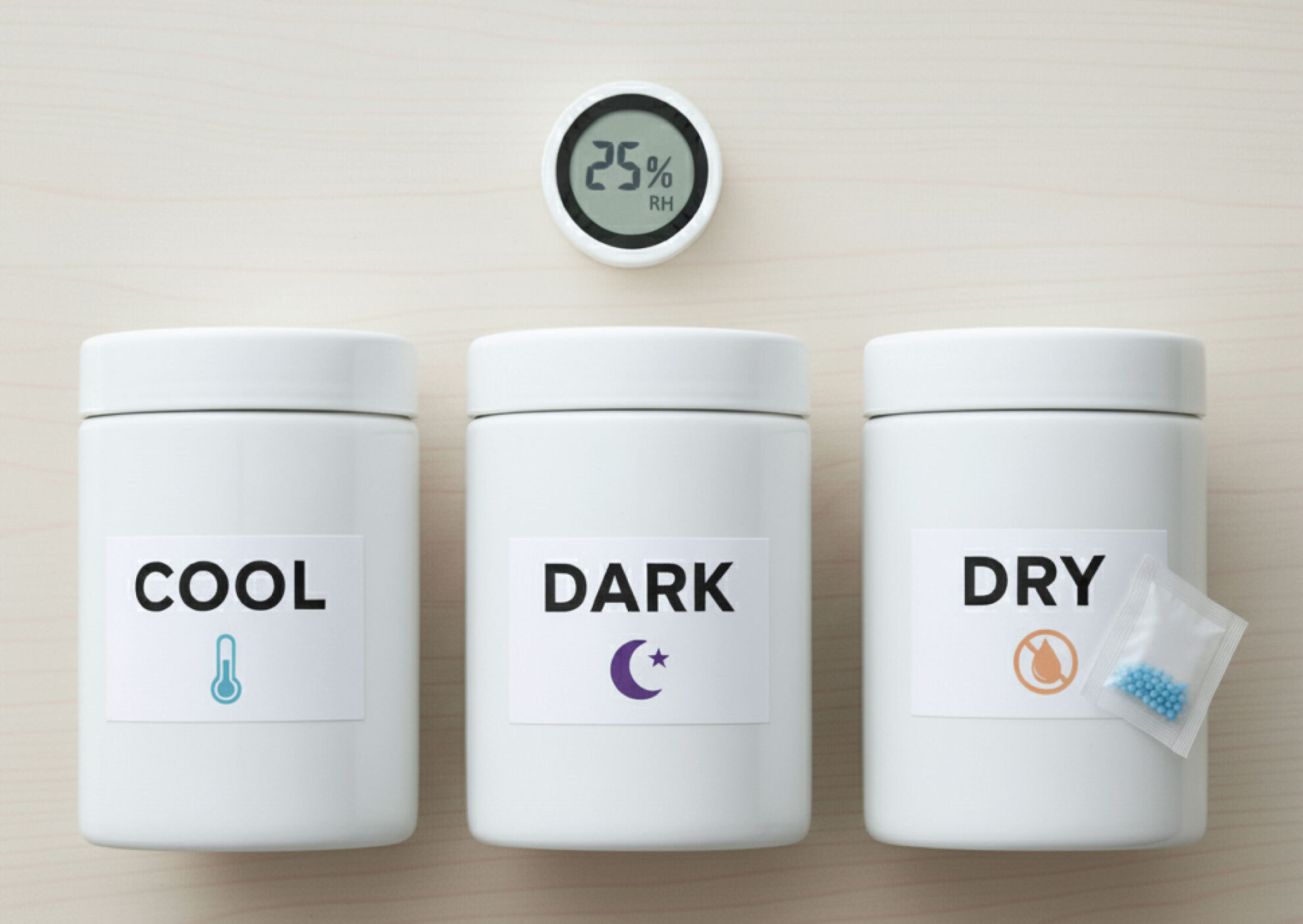 Three white jars labeled COOL, DARK, and DRY are arranged in a row, with a digital hygrometer reading 25% RH above them and a small silica gel packet next to the DRY jar.