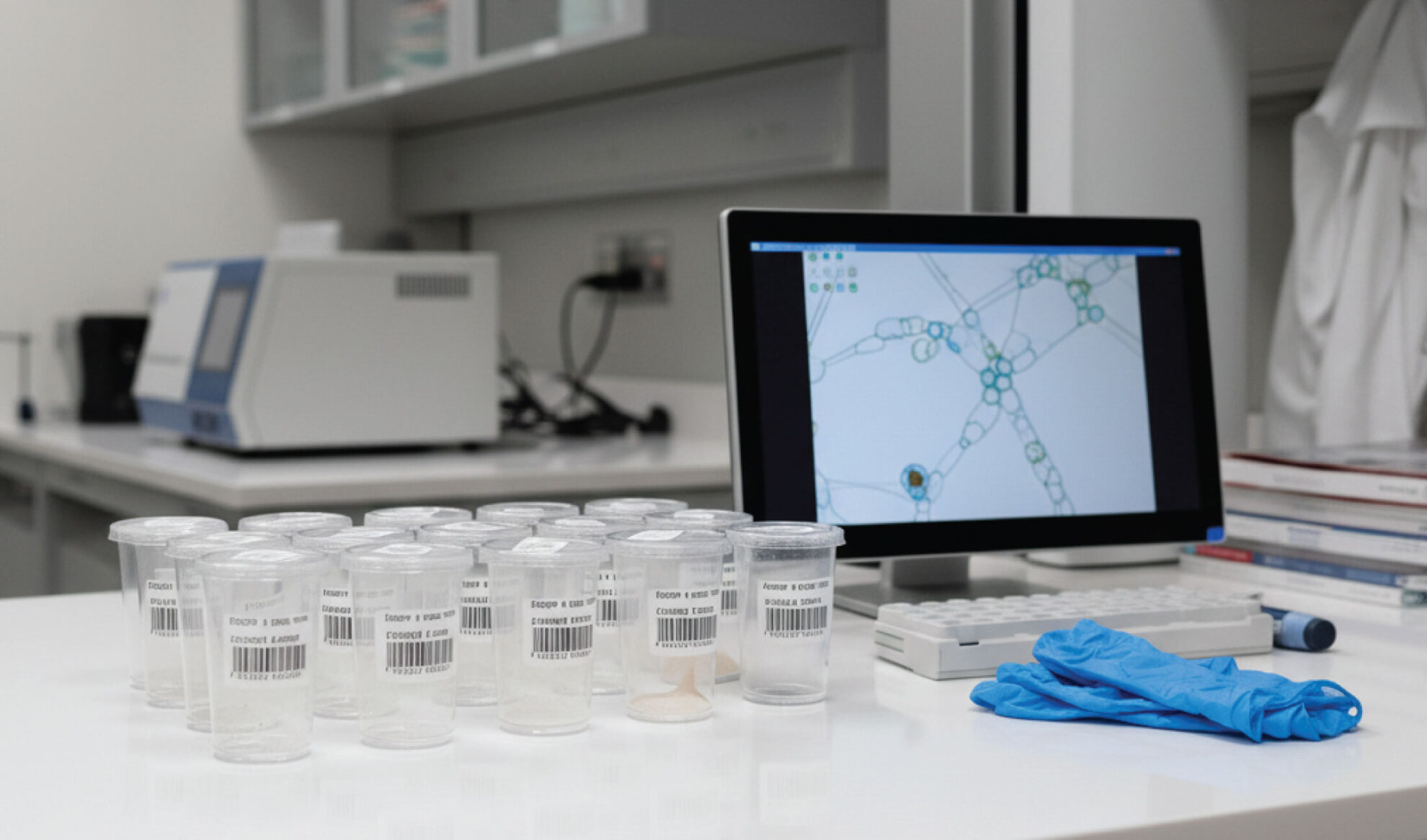 A laboratory desk with plastic sample containers, a computer displaying a scientific image, a blue glove, a keyboard, and several books in a modern lab setting.