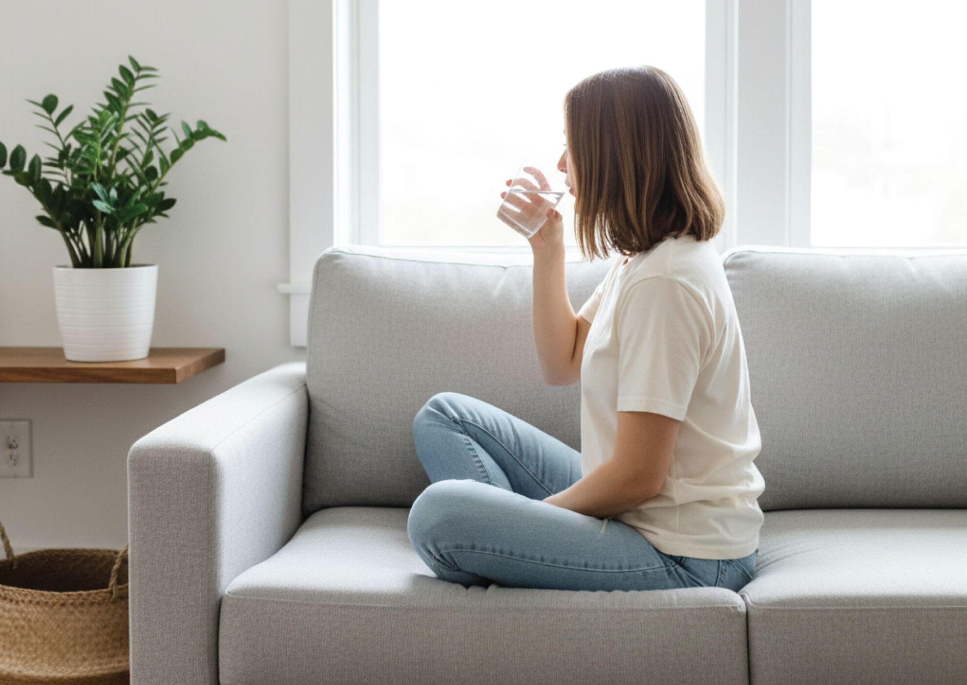  A person with shoulder-length hair, wearing a white t-shirt and jeans, sits cross-legged on a light gray sofa, drinking water from a glass. There is a potted plant and a basket in the background near a window.