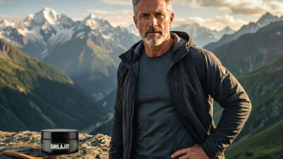 A fit, mature man with gray hair and beard stands on a mountain overlook. A jar labeled Shilajit and a wooden spoon rest on a rock beside him. Snow-capped peaks and green valleys are visible in the background.