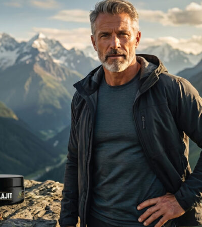 A fit, mature man with gray hair and beard stands on a mountain overlook. A jar labeled Shilajit and a wooden spoon rest on a rock beside him. Snow-capped peaks and green valleys are visible in the background.