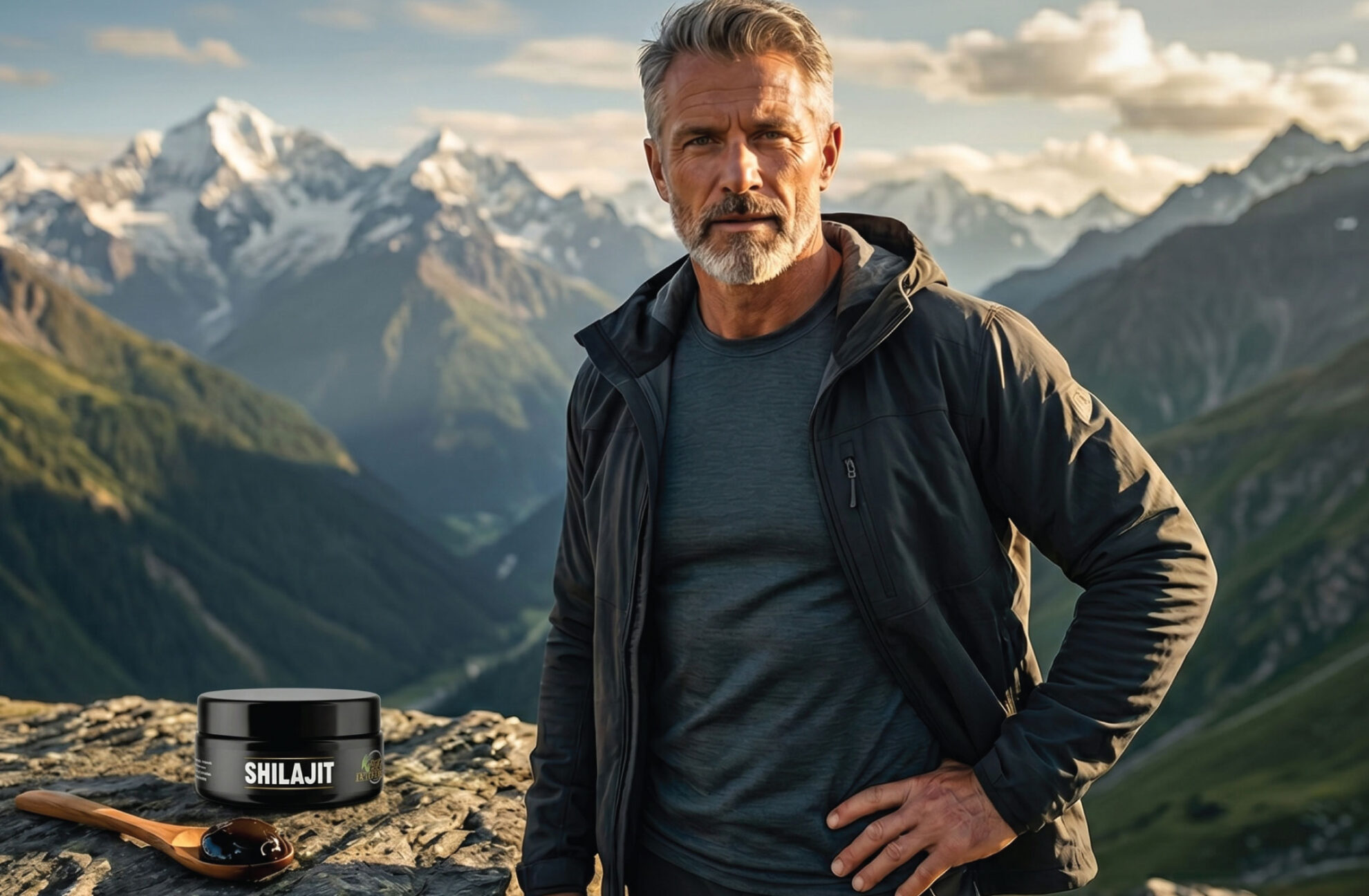 A fit, mature man with gray hair and beard stands on a mountain overlook. A jar labeled Shilajit and a wooden spoon rest on a rock beside him. Snow-capped peaks and green valleys are visible in the background.