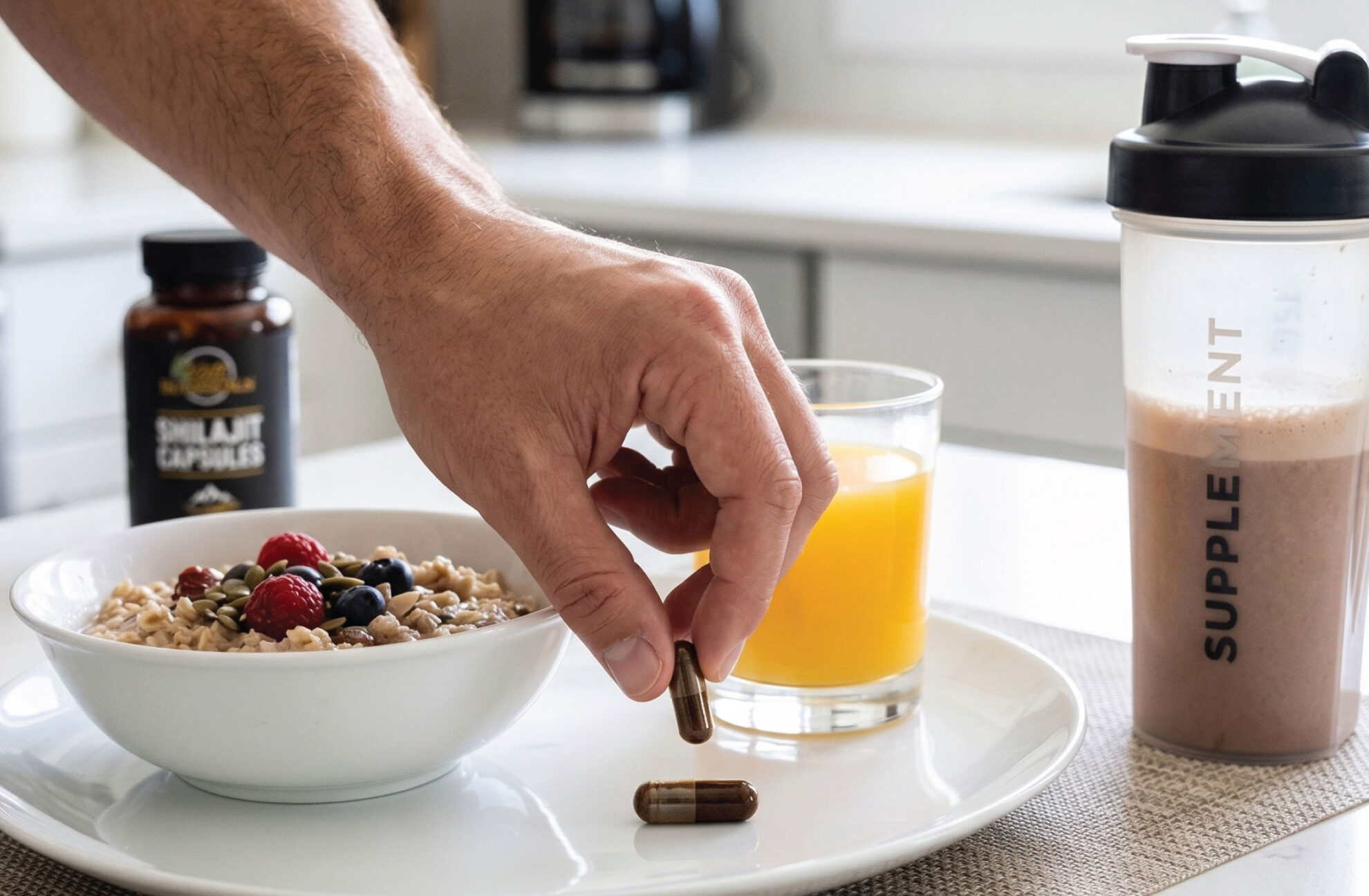  A person’s hand picks up capsules from a plate next to a bowl of oatmeal with berries, a glass of orange juice, a bottle labeled “SULAT CAPSULES,” and a shaker bottle labeled “SUPPLEMENT.”.