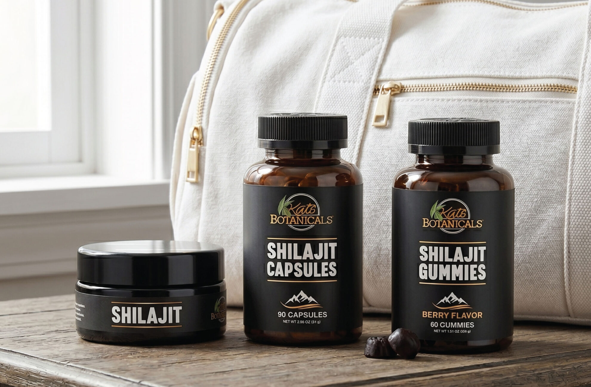  Three bottles of Kats Botanicals Shilajit supplements, including capsules, gummies, and a jar, are displayed on a wooden surface in front of a white bag near a window.