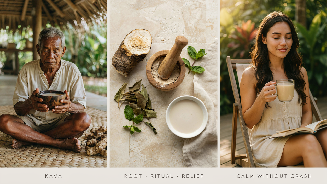 Elderly man holding a bowl, kava root with leaves and a mortar, and a young woman drinking a creamy beverage while reading, all promoting kavas calming effects.