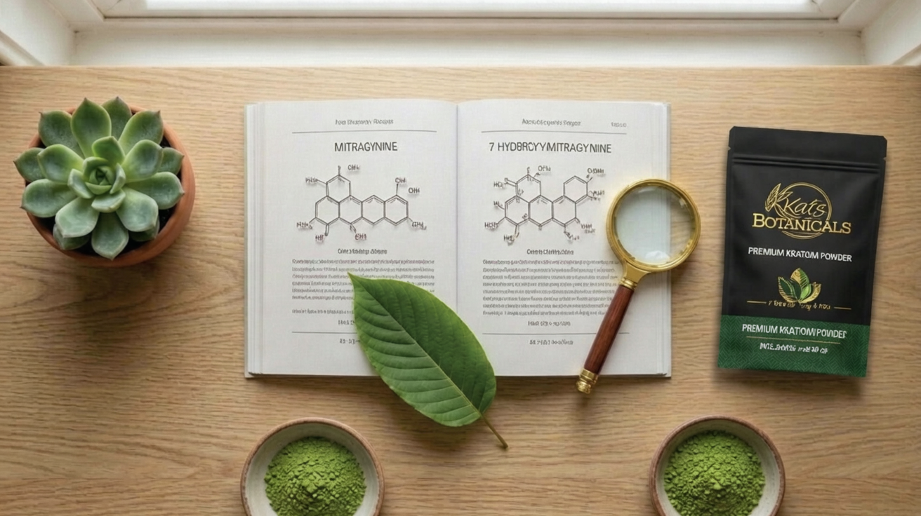 An open book displaying chemical structures for mitragynine and 7-hydroxymitragynine sits on a wooden table next to a succulent, a magnifying glass, a kratom leaf, two bowls of green powder, and a bag of Kats Botanicals kratom powder.
