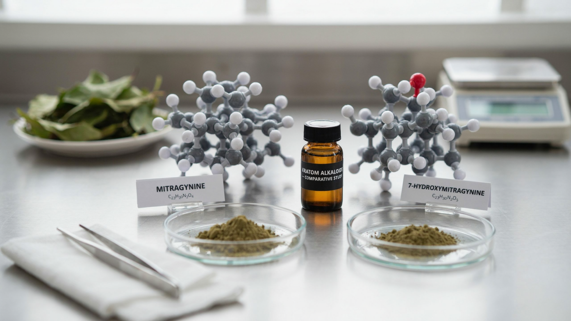 Laboratory table with a bottle labeled Kratom Alkaloids - Comparative Study between two molecular models, two petri dishes of green powder labeled Mitragynine and 7-Hydroxymitragynine, a plate of leaves, and a scale.
