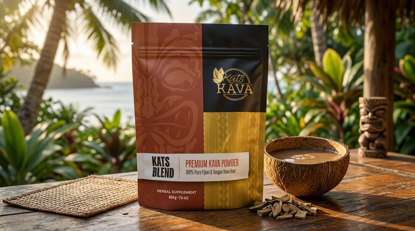 A bag of Kats Kava powder sits on a table with a wooden bowl of kava drink, kava roots, and a woven mat, with palm trees and the ocean in the background at sunset.