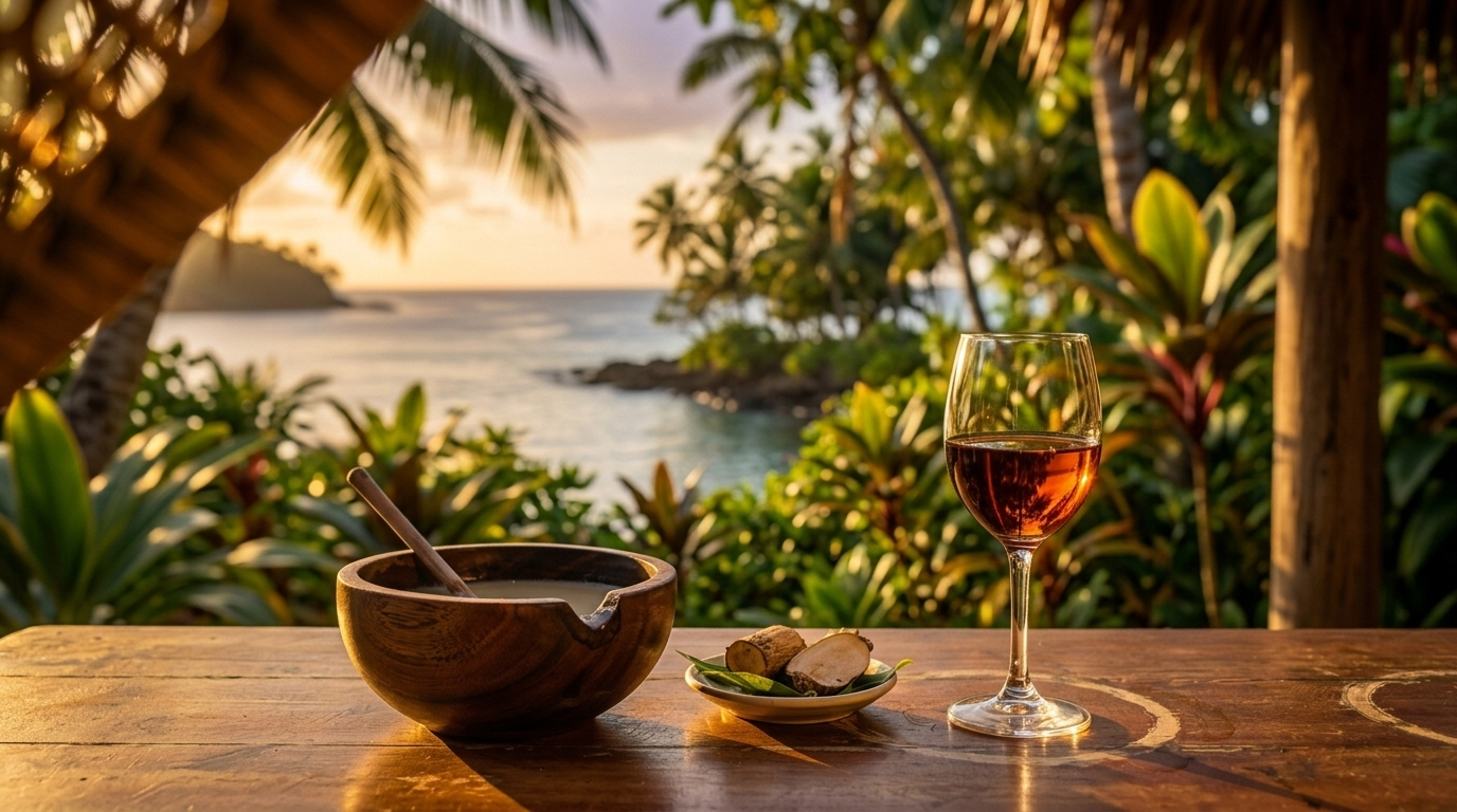A wooden table with a bowl, ginger slices, and a glass of wine overlooks a tropical beach at sunset, surrounded by lush palm trees and plants.