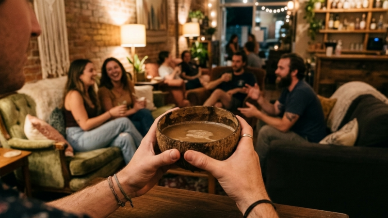 A person holds a wooden bowl with a drink, sitting in a cozy, dimly lit cafe where several people are laughing and chatting on couches and armchairs. Warm lights and rustic decor create a relaxed atmosphere.
