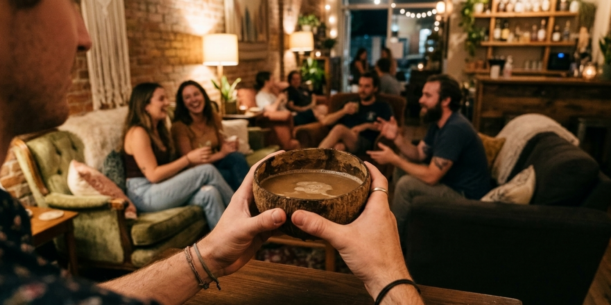 A person holds a wooden bowl with a drink, sitting in a cozy, dimly lit cafe where several people are laughing and chatting on couches and armchairs. Warm lights and rustic decor create a relaxed atmosphere.
