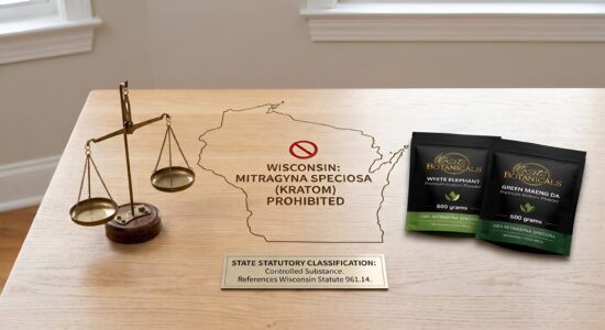 An outline of Wisconsin on a table features a prohibition symbol, text stating Kratom is prohibited, two Kate Botanicals powder pouches, a small balance scale, and a plaque citing state statute 961.14.