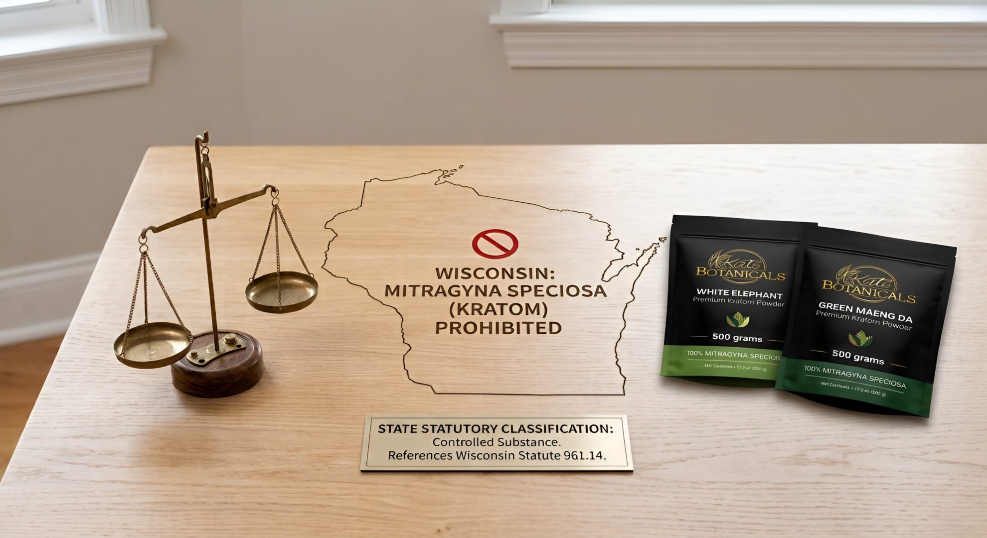 An outline of Wisconsin on a table features a prohibition symbol, text stating Kratom is prohibited, two Kate Botanicals powder pouches, a small balance scale, and a plaque citing state statute 961.14.