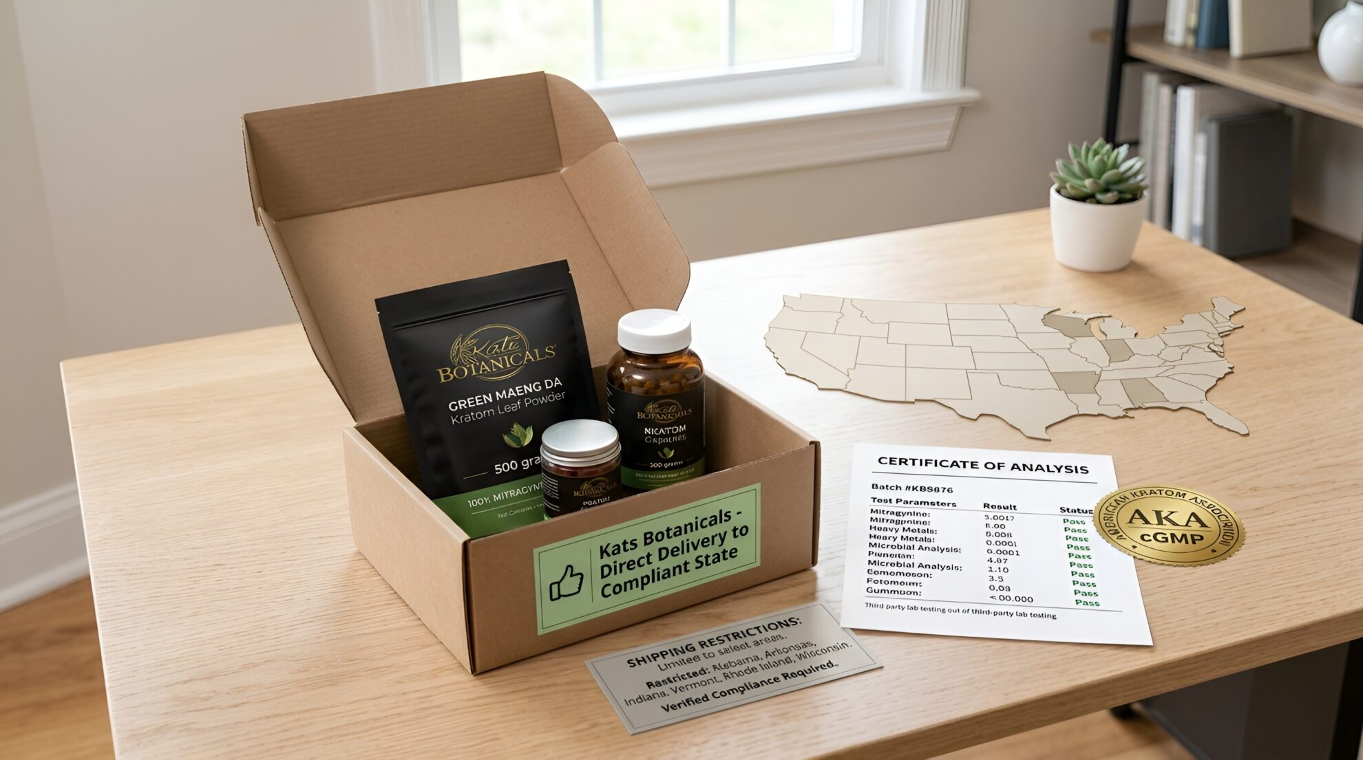 An open shipping box containing a bag and two bottles of Kate Botanicals kratom products, alongside a map of the United States, a certificate of analysis, and a shipping restrictions notice.