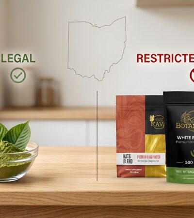 An infographic showing the state of Ohio with LEGAL on the left next to a bowl of kratom powder, and RESTRICTED / BANNED on the right next to three packages of Kats Botanicals kratom powder.