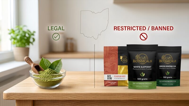 An infographic showing the state of Ohio with LEGAL on the left next to a bowl of kratom powder, and RESTRICTED / BANNED on the right next to three packages of Kats Botanicals kratom powder.
