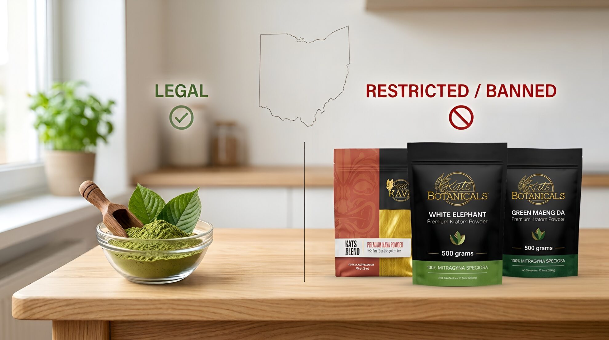 An infographic showing the state of Ohio with LEGAL on the left next to a bowl of kratom powder, and RESTRICTED / BANNED on the right next to three packages of Kats Botanicals kratom powder.