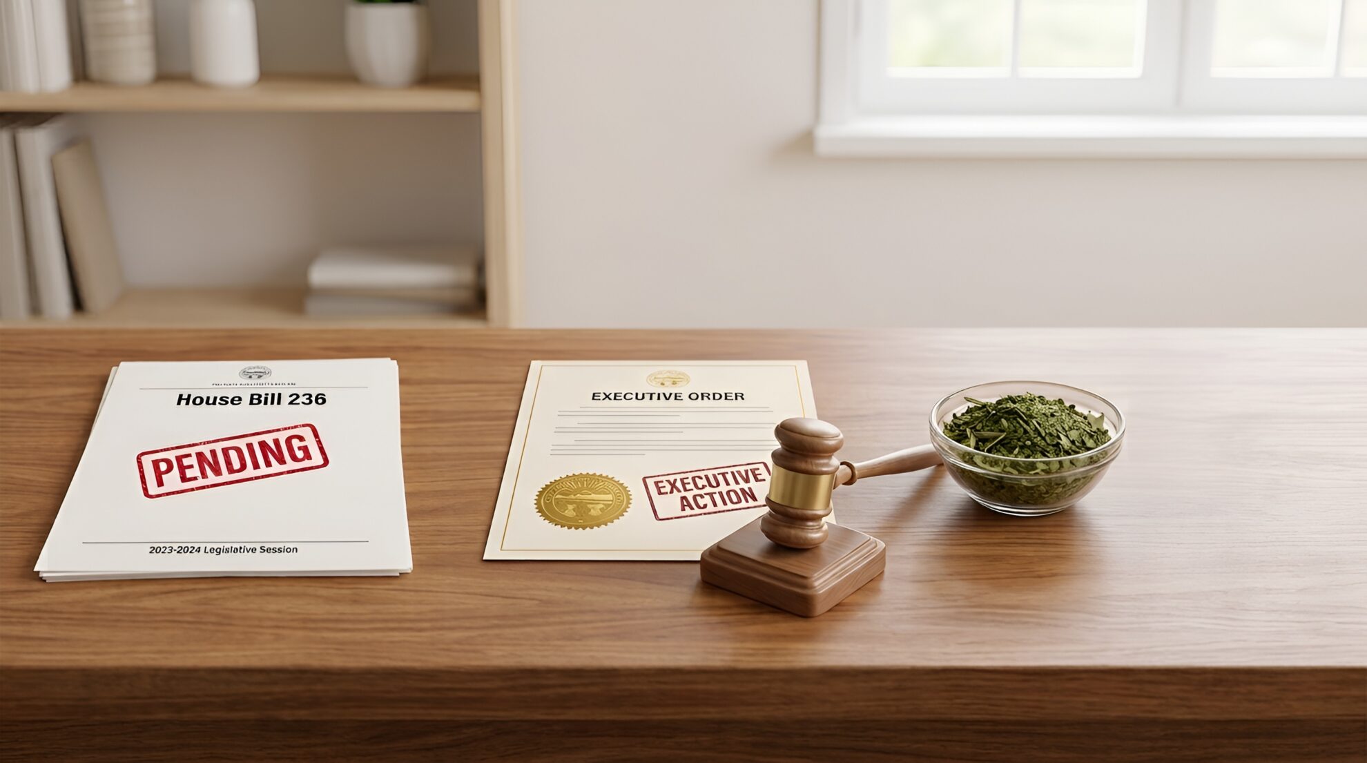 A desk with a document labeled House Bill 236 stamped PENDING, an EXECUTIVE ORDER document stamped EXECUTIVE ACTION, a wooden gavel, and a glass bowl filled with green herbs.