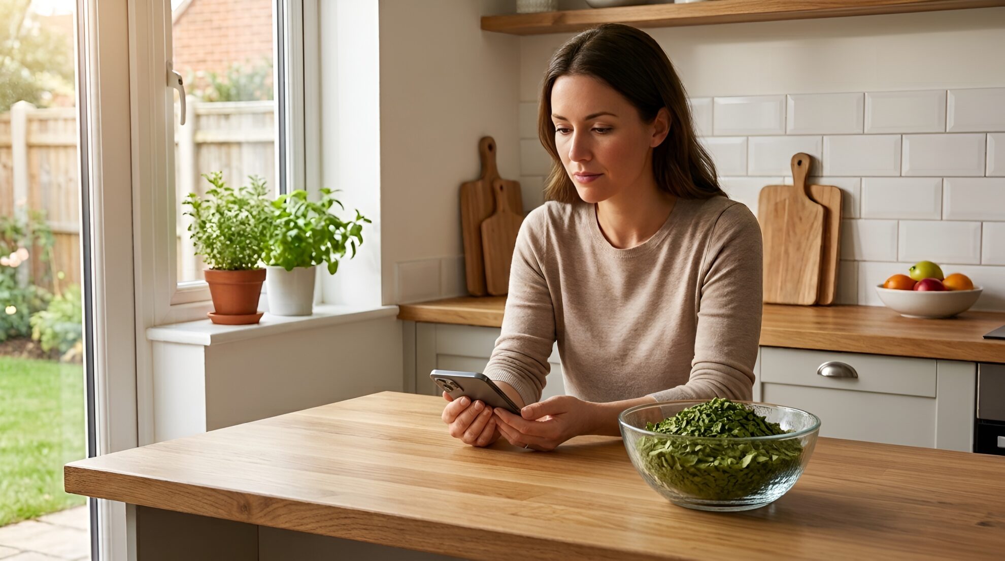 A woman sits at a kitchen counter looking at her phone next to a bowl of chopped greens.