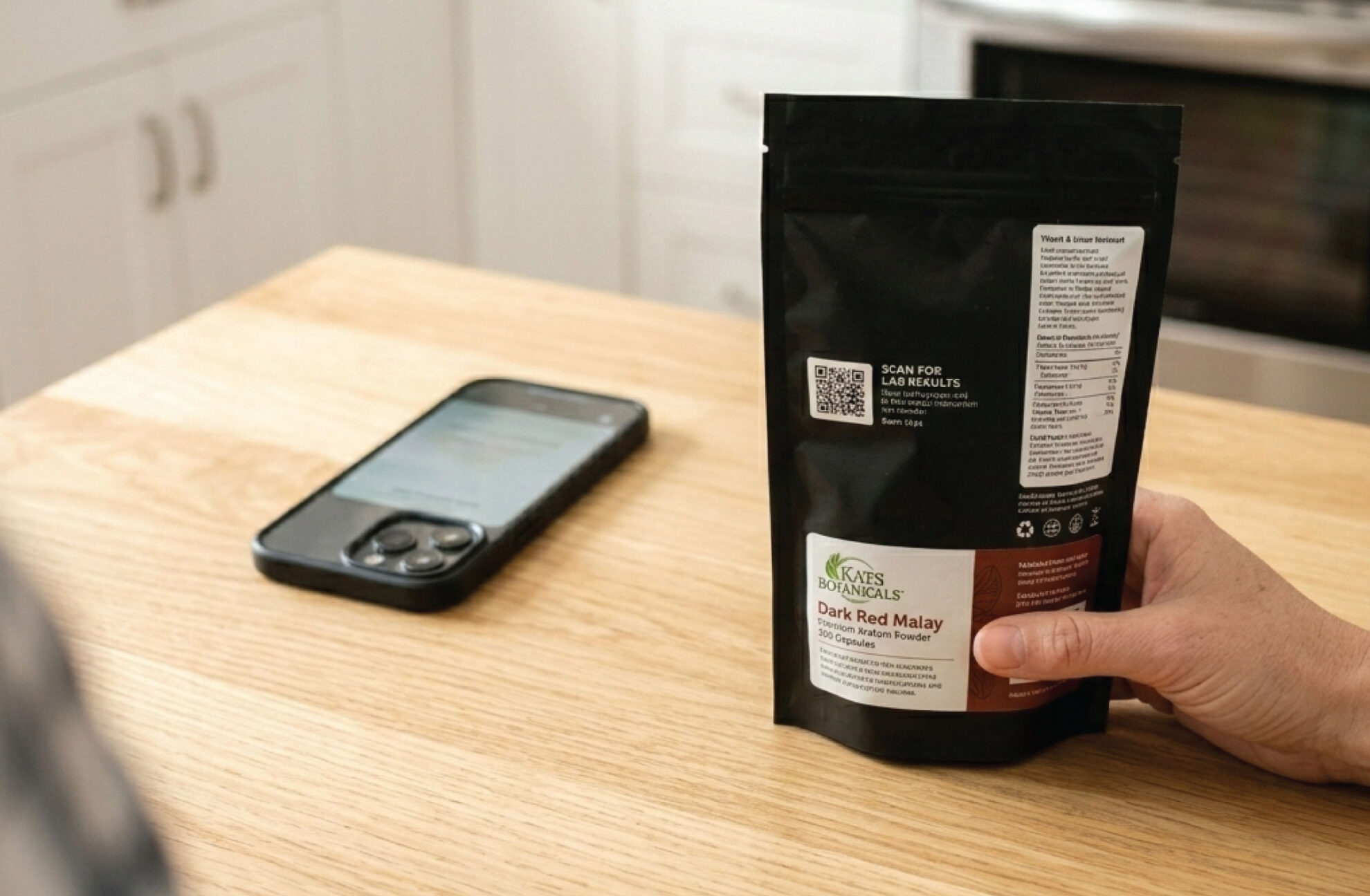 A hand holds a black package labeled “Dark Red Malay” on a wooden table next to a smartphone in a bright kitchen. The package features a QR code and product information.