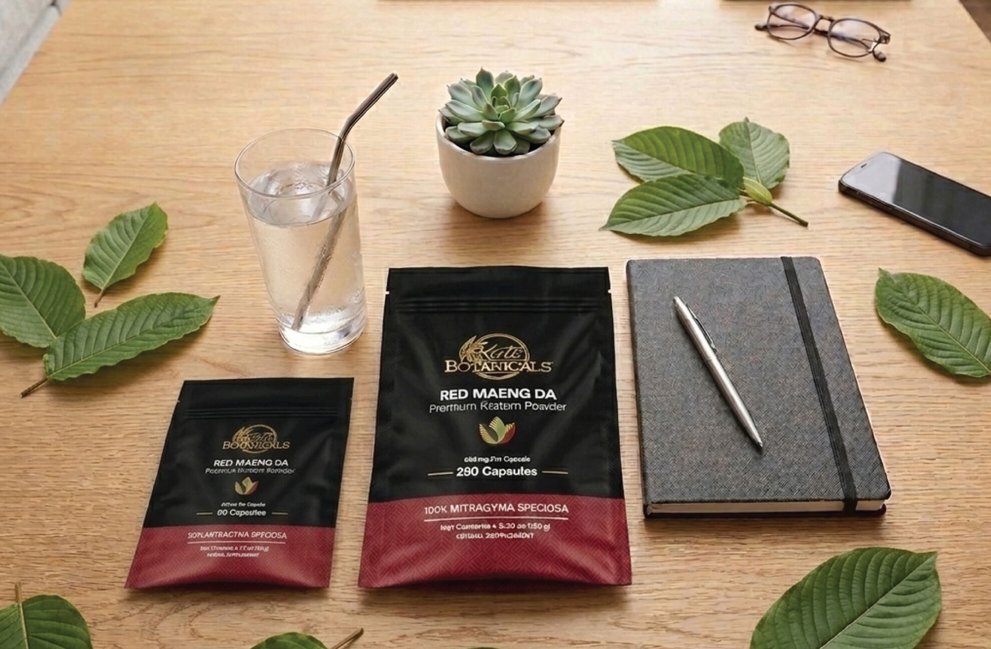 A table with a glass of water, a metal straw, a succulent plant, a notebook with a pen, a smartphone, eyeglasses, green leaves, and two packets of Red Maeng Da Kratom powder capsules.