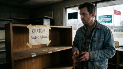 A man stands in front of an empty shelf with a sign reading KRATOM - SOLD OUT/BANNED. He holds an open wallet. A Tennessee state flag and a Welcome to Tennessee sign are visible outside the window.