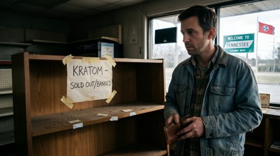 A man stands in front of an empty shelf with a sign reading KRATOM - SOLD OUT/BANNED. He holds an open wallet. A Tennessee state flag and a Welcome to Tennessee sign are visible outside the window.