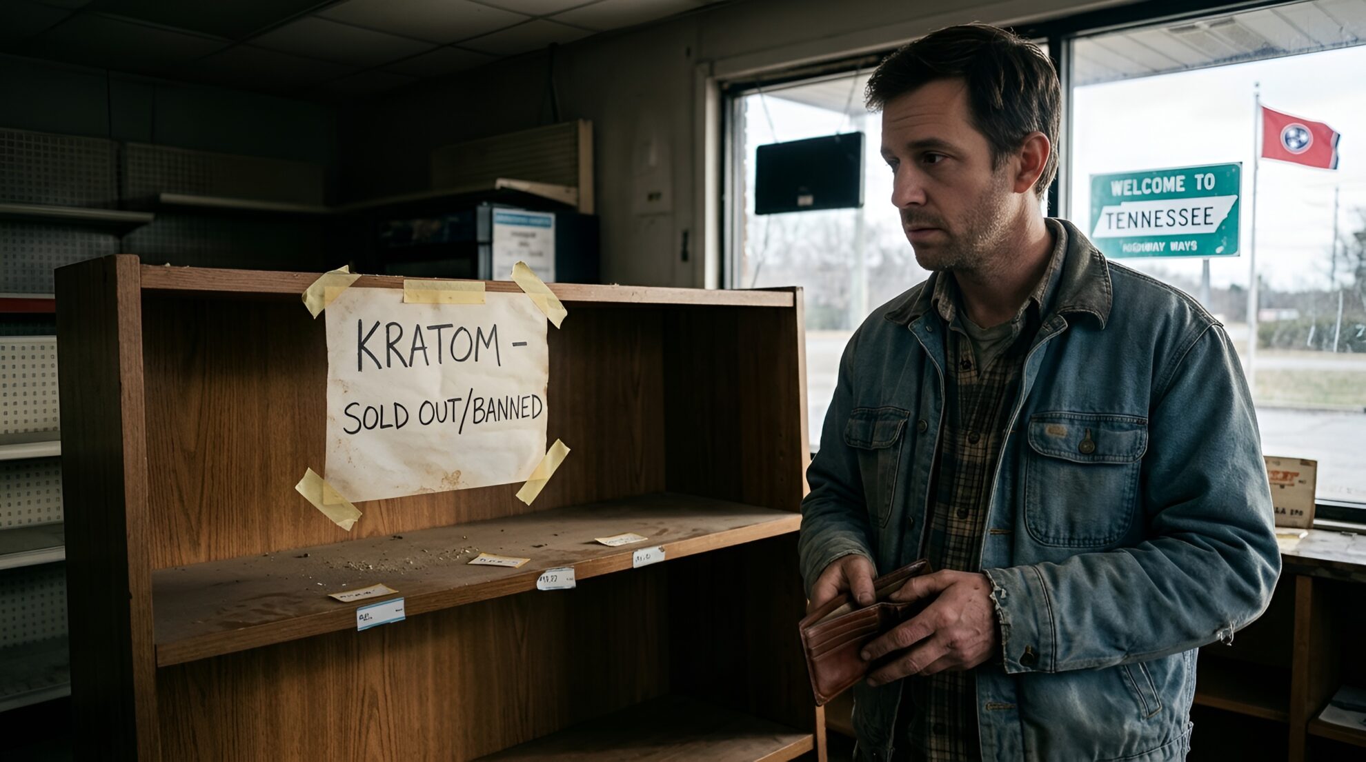 A man stands in front of an empty shelf with a sign reading KRATOM - SOLD OUT/BANNED. He holds an open wallet. A Tennessee state flag and a Welcome to Tennessee sign are visible outside the window.