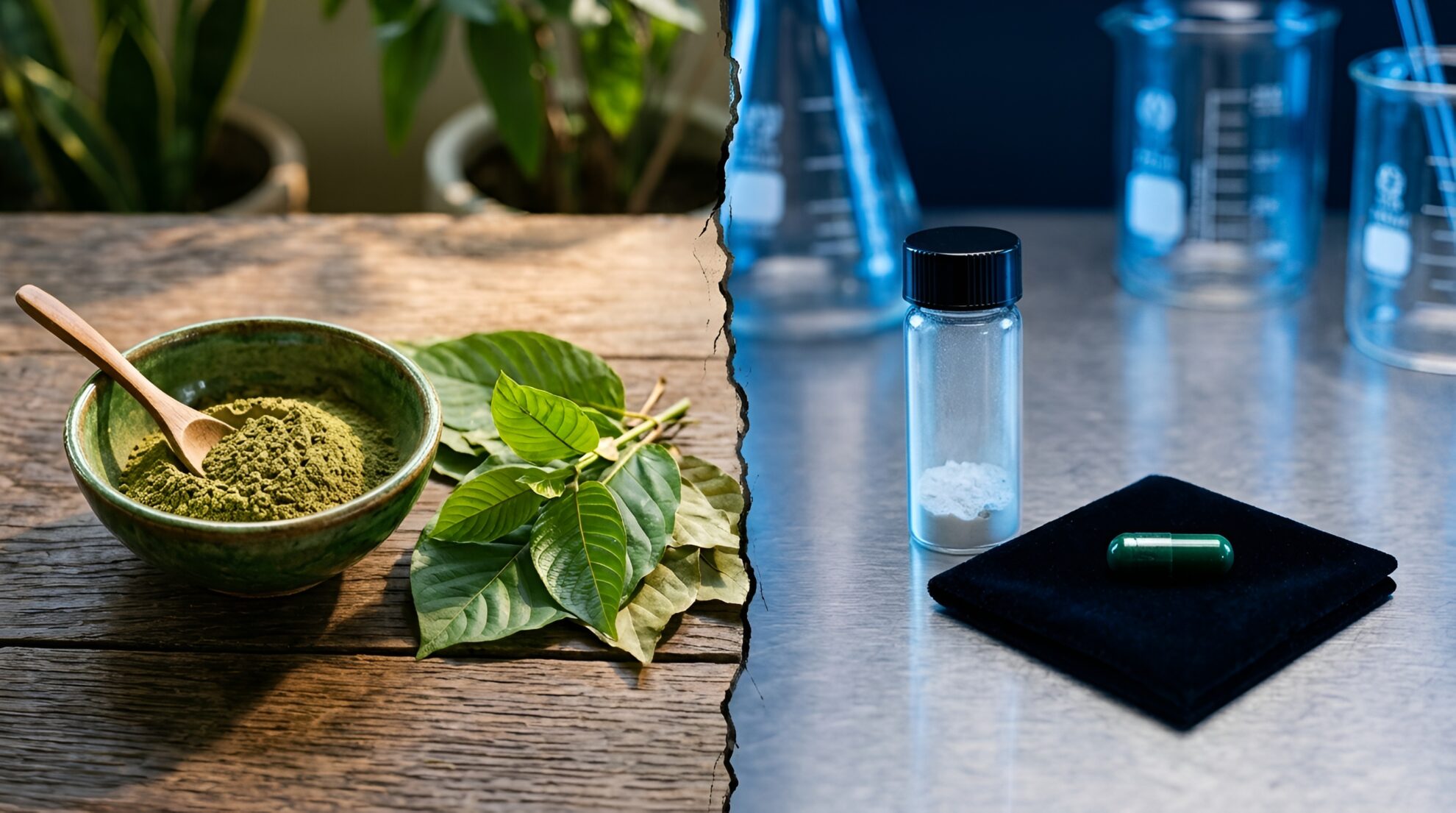 A split image: left side shows a bowl of green powder with leaves and a wooden spoon on a rustic table, right side shows a vial, a green capsule, and lab glassware on a metal surface. 
