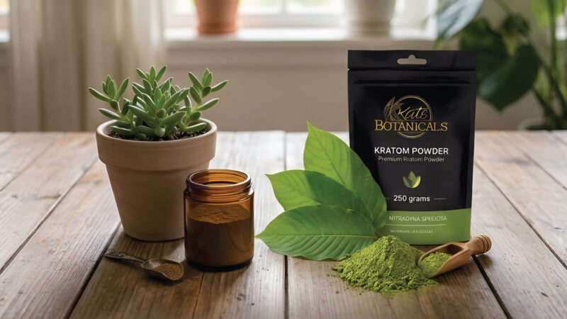 A bag of Kats Botanicals kratom powder, a glass jar, a wooden spoon, green leaves, and a potted succulent sit on a wooden table with sunlight shining through a window in the background.